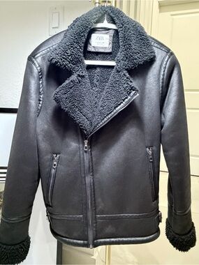 Zara Faux Leather Shearling Aviator Biker Jacket Black Size 13-14 Petite S